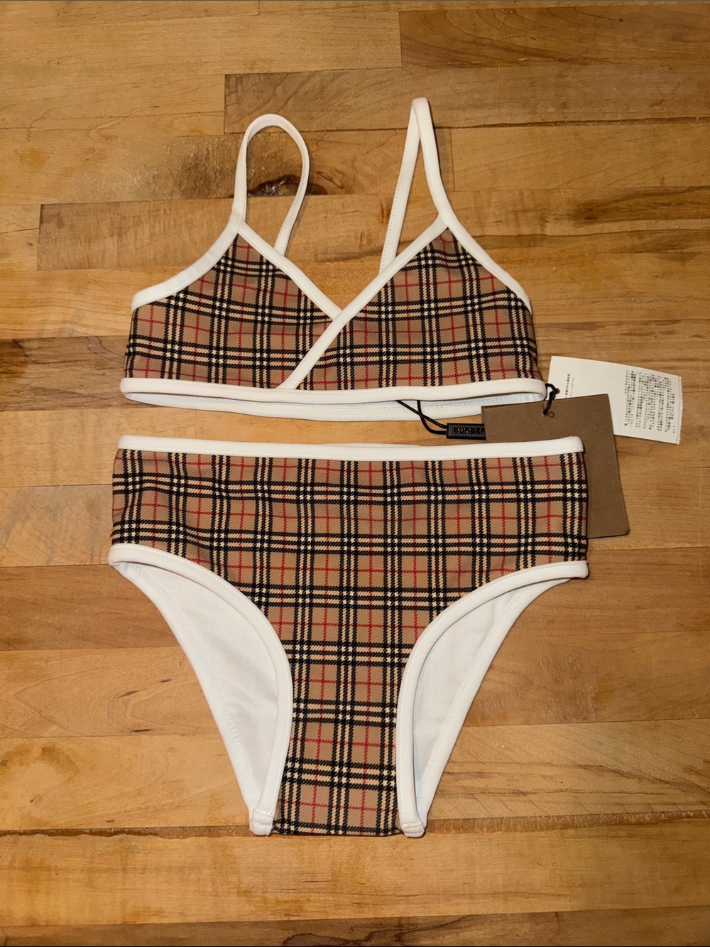 Burberry Beige Plaid Bralette & High-Waist Brief Set with White Trim